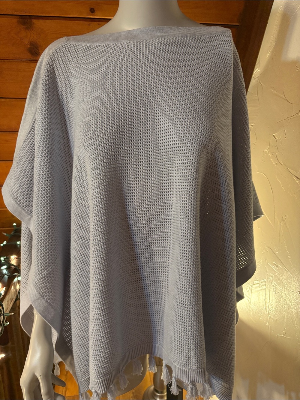 J.McLaughlin Asha Open Knit Cotton Poncho Sweater Tassel Fringe Blue OS